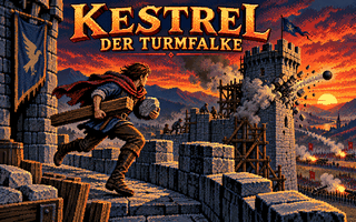 Kestrel läuft mit Stein und Holz über eine belagerte Festungsmauer.